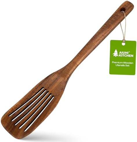 AIUHI Teak Wood Slotted Wok Spatula, Extra Long Wooden Turner for Stir-Frying, Non-Stick Safe Slotted Spatula with Hanging Hole, Ideal for Daily Cooking
