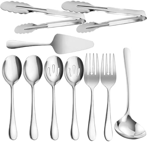 10 Pieces Serving Utensils Include Serving Spoons,Slotted Serving Spoons,Serving Forks,Serving Tongs,Soup Ladle and Pie Cake Server for Buffet Catering Banquet Party(Silver)
