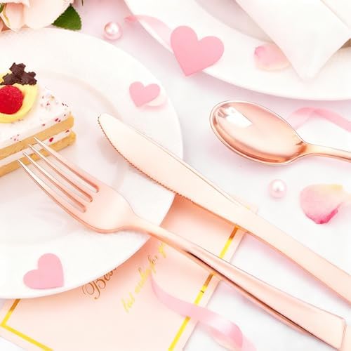 Liacere 100Pack Rose Gold Plastic Silverware - Pre Rolled Napkins with Rose Gold Cutlery - Wrapped Silverware Set Disposable100 Forks Knives Spoons Wrapped Utensils for Wedding ＆ Party