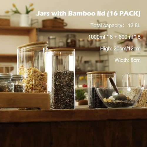 LIBWYS 16-Pack Square Glass Storage Jars with Bamboo Lids (0.6Qt/1.06Qt)