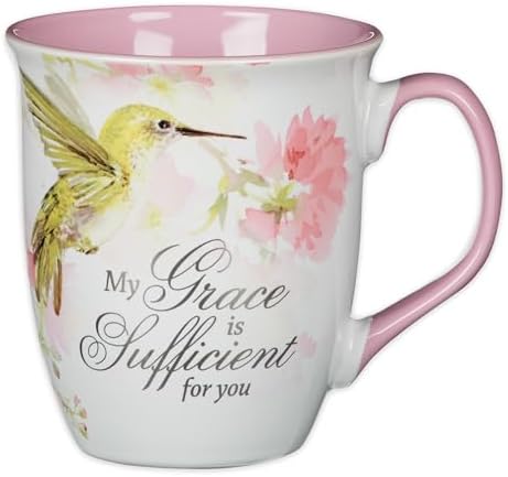Christian Art Gifts Large Ceramic Inspirational Scripture Coffee & Tea Mug for Women: Grace is Sufficient Silver Bible Verse, Cute Lime Green Hummingbird Novelty Drinkware, White/Pink Floral, 14 oz.