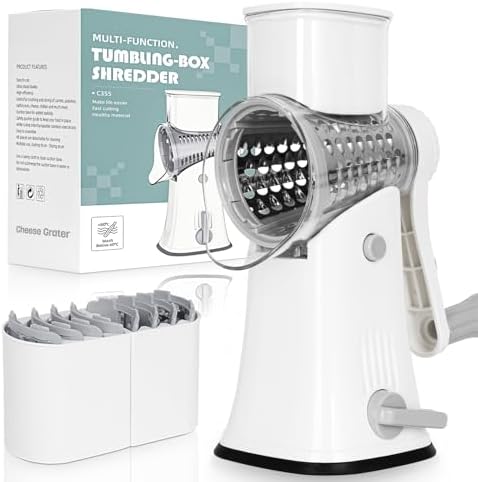 5-in-1 Rotary Cheese Grater Hand Crank, Vegetable Slicer Shredder with 5 Interchangeable Blades, Graters for Kitchen, Safe Kitchen Tool for Cheese, Nuts, Chocolate, White
