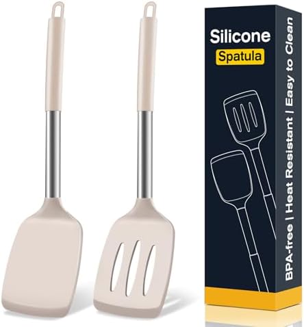 2 Pack Silicone Spatula Set, Solid & Slotted Turner for Non-Stick Pans, High Heat Resistant Silicone Spatula for Cooking, BPA-Free Stainless Steel Cooking Utensils for Fish, Eggs, Pancakes, Khaki