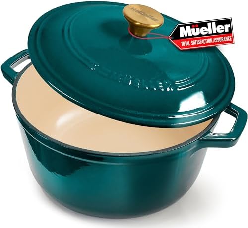 MUELLER HOME 4.5 QT Enameled Cast Iron Dutch Oven, Heavy-Duty Casserole Dish and Braiser Pan with Lid, Oven-Safe up to 500° F & Across All Cooktops, Housewarming Gifts New Home, Emerald