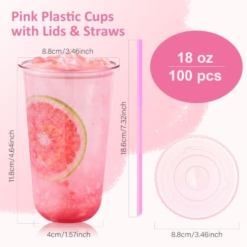 tchrules 100 Set 18oz Pink Plastic Disposable Cups with Lids and Straws