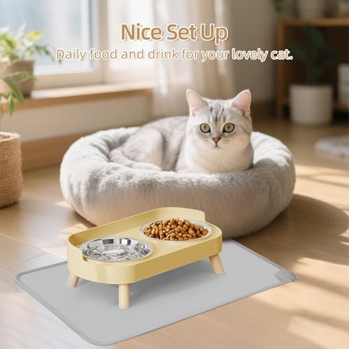 Elevated Cat Bowl with Food Mat, Raised Cat Food and Water Bowl Set for Indoor Cats, Splash Proof with 2 Stainless Steel Pet Food Bowls for Cat and Puppies,Whisker Fatigue and Dishwasher Safe (Yellow)