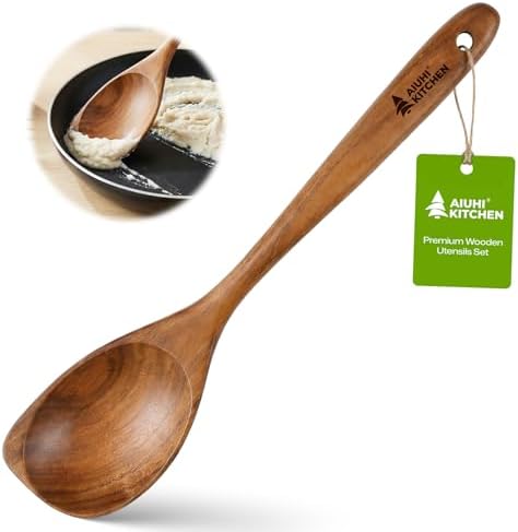 AIUHI Teak Corner Spoon, 100% Solid Teak Wooden Corner Spoon for Cooking, Heat-Resistant Non-Stick Safe Wooden Cooking Spoons
