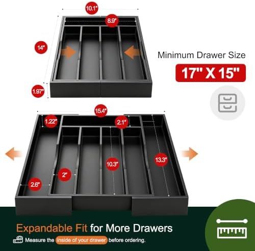 Expandable Bamboo Kitchen Drawer Organizer for Cutlery and Utensils, Adjustable Bamboo Wood Cutlery Tray in Drawer for Flatware and Silverware in Kitchen, (Black)