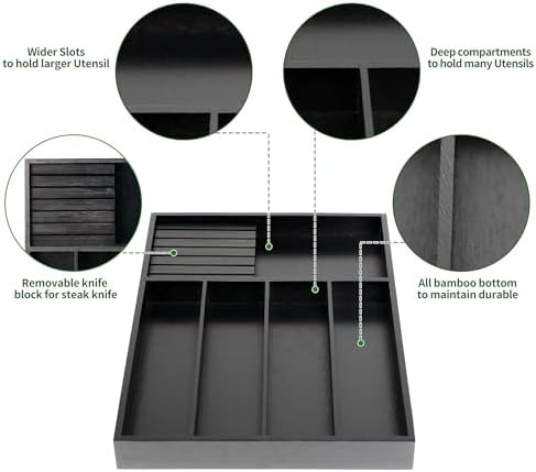 VaeFae Bamboo Silverware Drawer Organizer, 5 Slots, Black