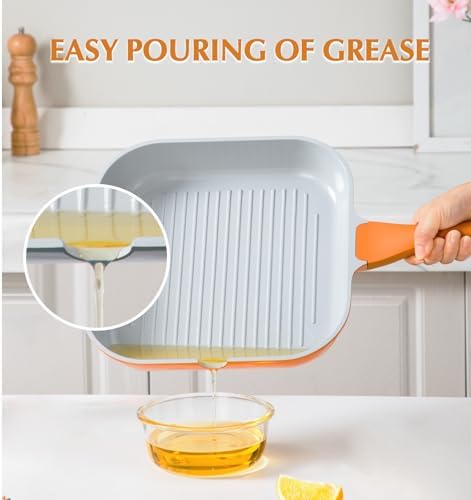 KOCH SYSTEME CS 9.5 Inch Nonstick Grill Pan for Stove Tops, Square Frying Pan with Pour Spouts, Square Pan for Indoor Cooking, Grill Skillet with Bakelite Handle, PTFE & PFOA Free, Copper