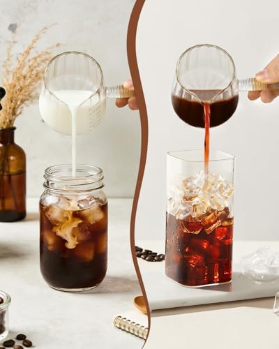 2 PCS Espresso Measuring Cup 6 Oz, Espresso Glass Cups with Glass Handle, Milk Frothing Cup, Espresso Cup for Coffee, Milk, Tea or Maple Syrup Serving (Pure Transparent Color)