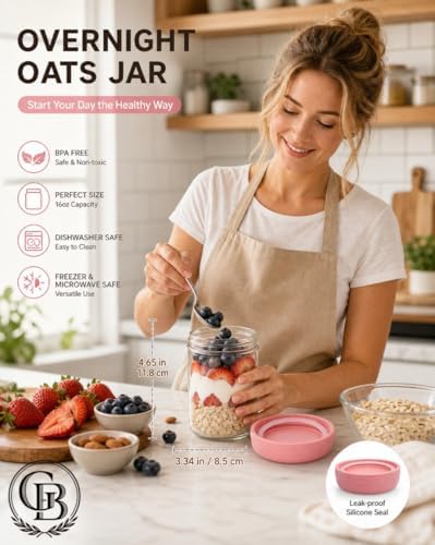 16oz 6-Pack Overnight Oats Containers with Lids,Glass Airtight Food Storage Containers Mason Jars, Glass Yogurt Jars with lids for Sugar Pudding Sugar Salad (16oz-6 pack)