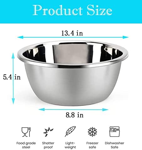 meleg otthon Stainless Steel Mixing Bowl, 11QT Salad Bowl, Metal Bowls, Stainless Steel Basin, Heavy Duty Deeper Edge Mirror Finish Dishwasher Safe Bowl (3XL)…