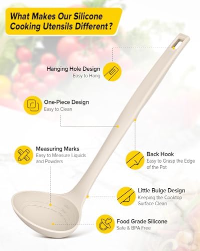 BUNDLEPRO Silicone Soup Ladle and Pasta Spoon Set, One-Piece, 2 Pack, Khaki