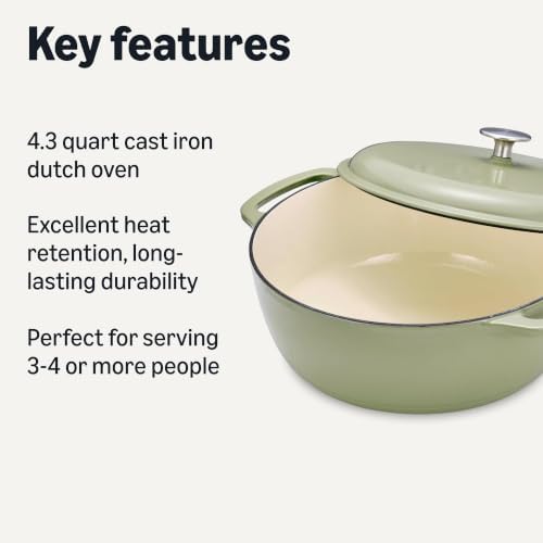 Amazon Basics Cast Iron Dutch Oven Pot with Lid, Enameled, Dual Handles, Round, Heavy-Duty, Small, 4.3-Quart, Olive