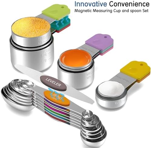 Stainless Steel Magnetic Measuring Cups and Spoons Set, 6 Nesting Magnetic Measuring Cup, 7 Magnetic Measuring Spoons, 1 Leveler for Liquid & Dry