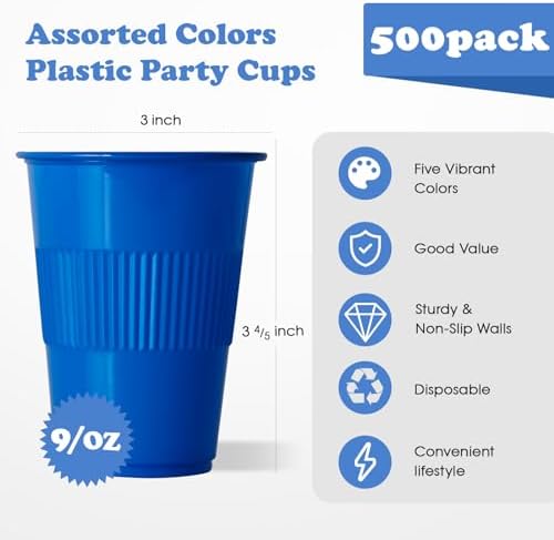 Lilymicky 500 Pack 9 oz Disposable Plastic Cup in 5 colors, Great for Party