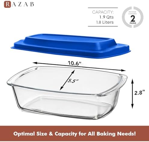 Razab 2 Pack 7.6 Cups Large Glass Bread Pans for Homemade Bread with Lids
