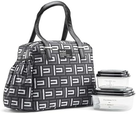 Fit & Fresh Insulated Lunch Box For Women, Leakproof & Stain-Resistant With Expandable Bottle Pocket, Zipper Closure - Laketown Lunch Bag Black Geo