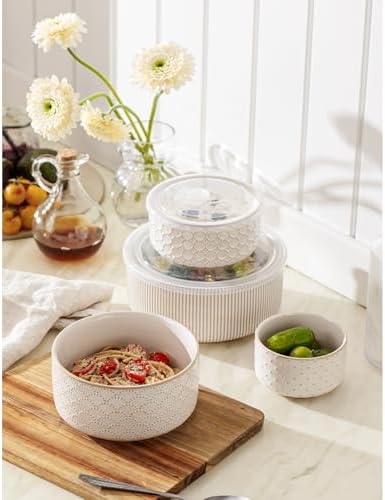 Serving Bowls with Lids, Ceramic Mixing Bowls Set of 4, Off-White