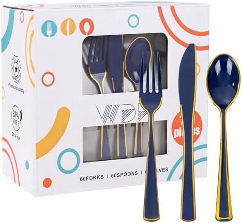 WDF 180PCS Blue Plastic Silverware -Blue and Gold Plastic Cutlery 60 Forks, 60 Knives, 60 Spoons - Heavy Duty Disposable Silverware for Party/Wedding/Birthday/Hanukkah