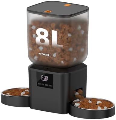Automatic Cat Feeder for 2 Cats - 8L/34 Cups Dual Automatic Dog Feeder with Dog Food Dispenser for 2-18mm Dry Food, Timed Cat Food Dispenser, Up to 50 Portions 6 Meals Per Day, 10s Voice, Keep Fresh