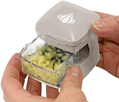 Garlic-A-Peel Garlic Press, Crusher, Cutter, Mincer, and Storage Container - Includes Silicone Garlic Peeler - Easy to Clean - Stainless Steel Blades – (Cream), standard