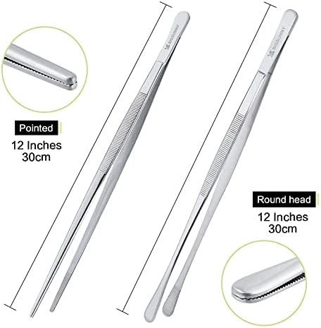 MSY BIGSUNNY Stainless Steel Food Tweezers Multi-function Cooking Tongs Kitchen Serving Tong (12" Round & 12" Pointed Tweezers)