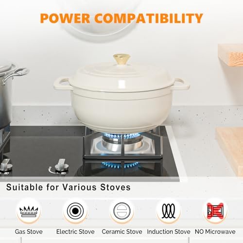 Bonnlo 6QT Round Dutch Oven, Enameled Cast Iron Dutch Oven Pot with Lid & Dual Handles, Oven Safe Up to 500° F, for Sourdough, Bread Baking, Stews and Roasting, White