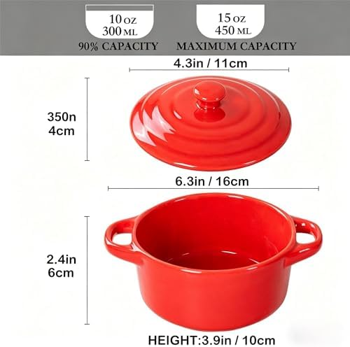 Mini Dutch Oven Set of 4, 14 oz Ceramic Mini Dutch Ovens with Lids and Handles, Ramekins with Lids for French Onion Soup, Pot Pies, Soufflés and Baked Desserts, Oven Microwave Dishwasher Safe, Mini Cocotte，（Red）