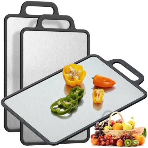 Double-Sided Solid Stainless Steel Cutting Board for Kitchen, 304 Grade & Dishwasher Safe - Non-Slip with Juice Groove, Perfect for Meat and Veggies, 15.3x9.6 Inch
