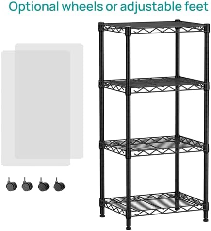 SINGAYE 4 Small Shelves Storage Shelf Wire Shelving Unit Metal Shelf Adjustable Organizers Storage Shelving with Wheels for Bathroom Laundry Room Kitchen Pantry11.5”D x 17.3”W x 44.5”H Black