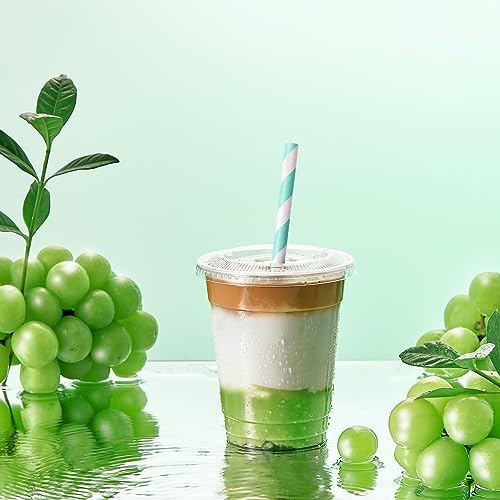 JOLLY PARTY 100 Pack 12 oz Clear Plastic Cups with Flat Slotted Lids