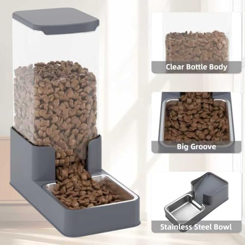 Automatic Cat Feeder and Water Dispenser in Set with Pet Food Bowl,Gravity Dog Waterer and Food Feeder for Small Medium Dog Cat Puppy Kitten Large Capacity(3.8L,Grey,Stainless Steel Bowl)