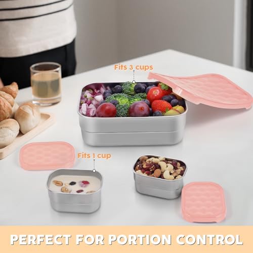 Tanjiae Small Stainless Steel Lunch Containers for Kids | Leak Proof Snack Containers with Silicone Lids - Perfect Metal Lunch Box with Lids for School and Daycare (25oz+8oz*2)
