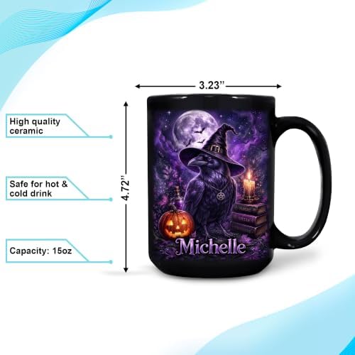Hyturtle Personalized Halloween Raven Mug, Custom Name Gift for Women