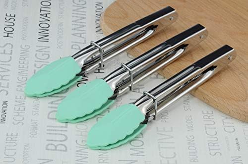 HINMAY 7" Stainless Steel Food Tongs with Silicone Tips, Set of 3 (Mint)