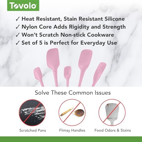 Tovolo Flex Core 5 Piece Silicone Spatula Set Heat Resistant All Silicone Utensils Include Non Stick Spatula Spoonula Jar Scraper, Dishwasher Safe BPA Free Spatulas for Baking Mixing, Pink Sorbet