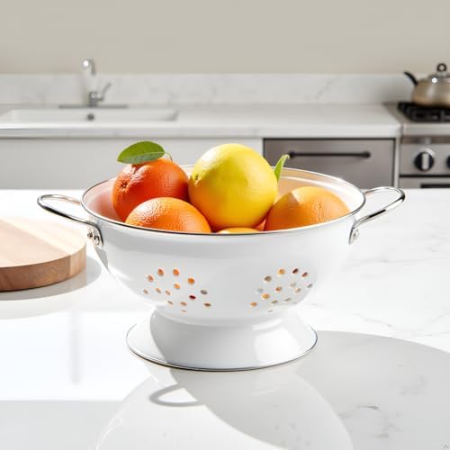 Reston Lloyd Calypso Basics Extra Large Enameled Colander with Solid Base, Strainer with Handles, for Pasta, Berries, Vegetables, Fruit, White ( 7 Quart, 224oz/ 6.6 L )