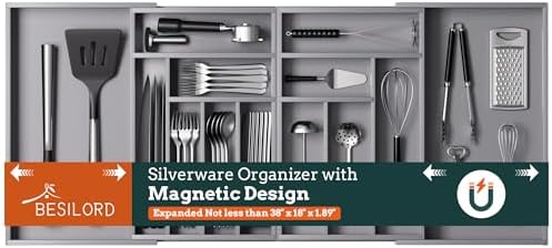 Magnetic Expandable Silverware Drawer Organizer, 13 Slots Utensil Gray