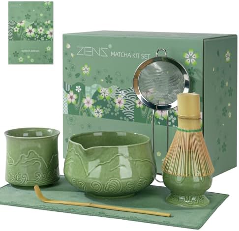 ZENS Premium Matcha Whisk Set with Blooming Cup, 7pcs Matcha Set, Green