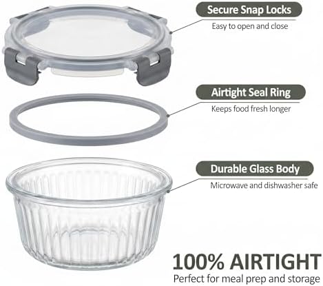 Glass Food Storage Containers with Lids, 12 Piece Glass Meal Prep Containers Set, Airtight Leakproof Snap Lock Lids, BPA-Free, Freezer Microwave Oven Dishwasher Safe, Ribbed Glass Containers