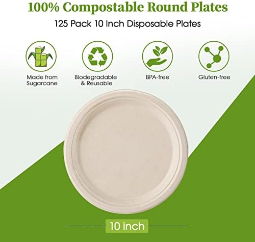 ECOLipak 125 Pack 10 inch Compostable Disposable Paper Plates for Party