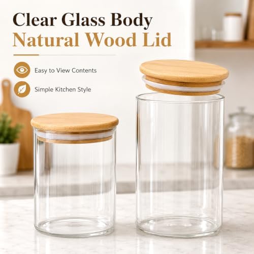 MOLFUJ 550 ML / 18 FL Oz Glass Storage Container with Wood Lid, Stackable Clear Decorative Organizer Bottle Canister Pantry Jar with Air Tight Wooden Lid for Food, Coffee, Candy, Sugar, Salt, Tea