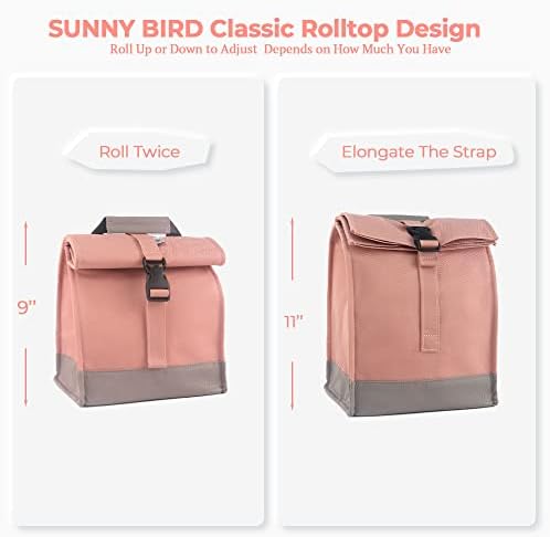 SUNNY BIRD Insulated Lunch Bag Rolltop Lunch Box (Pink with pink shoulder strap)