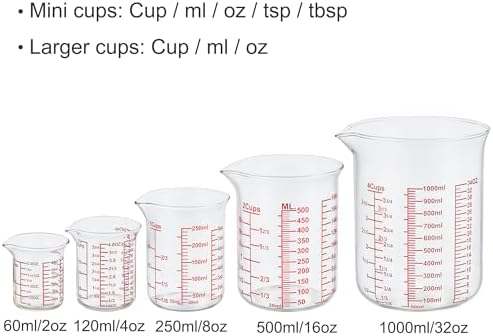 Ackers High Borosilicate Glass Measuring Cup Set with Pour Spout,60ml(2OZ),120ml(4OZ), 250ml(8OZ), 500ml(16OZ), 1000ml(32OZ) Glass Measuring Beaker for Kitchen or Restaurant, Easy to Read