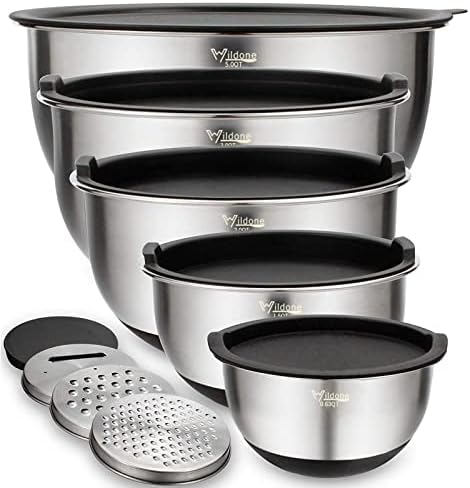 Wildone Mixing Bowls with Airtight Lids Set, 5PCS Stainless Steel Nesting Bowls for Kitchen, with Grater Attachments & Non-Slip Bottoms, Size 5, 3, 2, 1.5, 0.63 QT, Great for Mixing & Serving