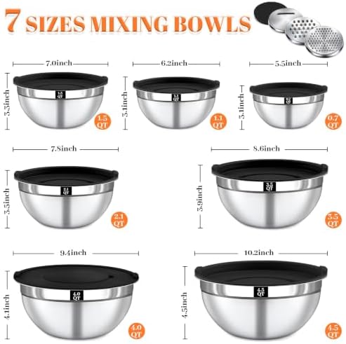 21PCS Mixing Bowls with Lids Set - 7 Nesting Mixing Bowls, 3 Graters, 11 Baking Tools, Lids, Stainless Steel Mixing Bowls for Mixing & Baking, Size 0.7/1.1/1.5/2.1/3.5/4/4.5 QT, Black