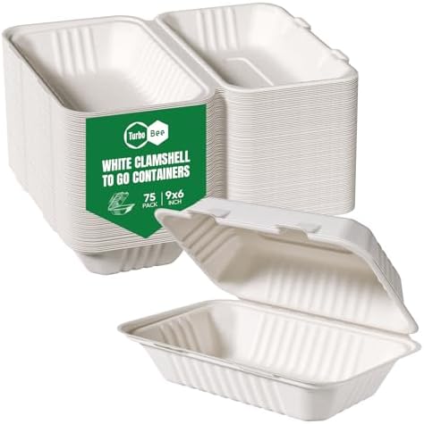 Turbo Bee 75 Pack White Compostable Take Out Containers, 9x6 Disposable Food Containers with Lids, Heavy Duty Clamshell To Go Boxes for Restaurant, Catering, Meal Prep & Lunch