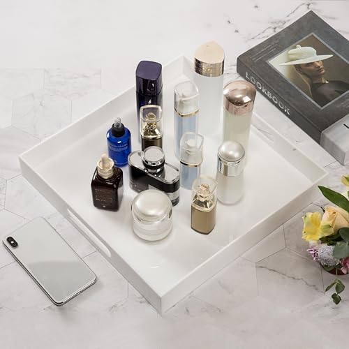KEVLANG Glossy White Sturdy Acrylic Serving Tray with Handles-14x14Inch-Serving Coffee,Appetizer,Breakfast,Butler-Kitchen Countertop Tray-Makeup Drawer Organizer-Vanity Table-Ottoman Tray